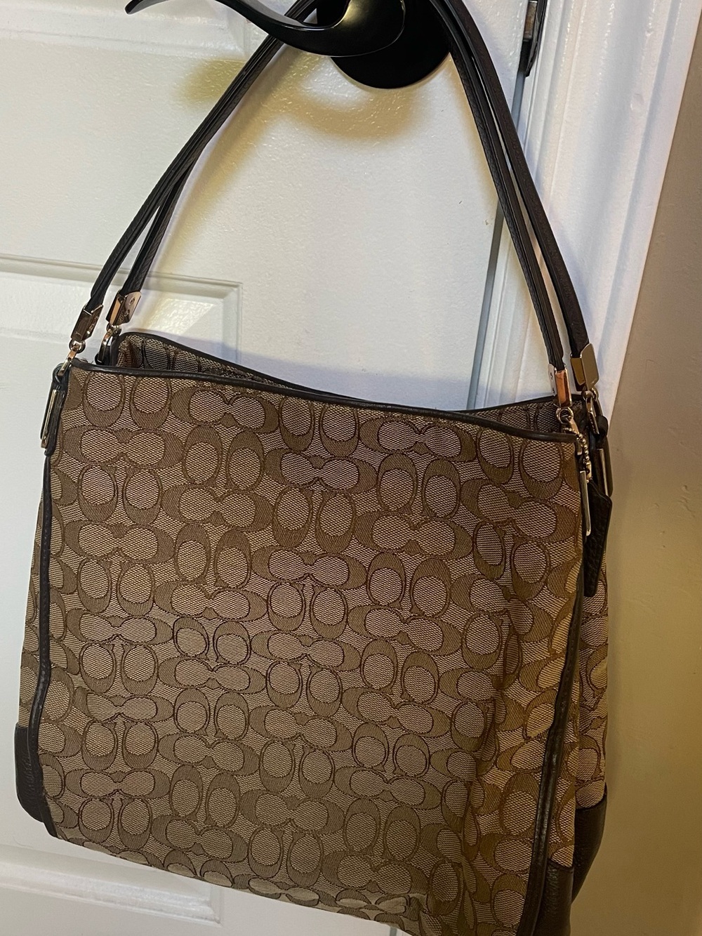 Coach Brown Signature Canvas fabric Shoulder Bag with leather Trim Excellent